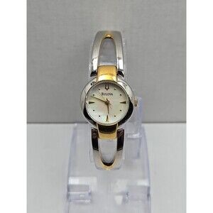 Bulova Ladies Two Tone Bangle Watch MOP Dial Quartz New Battery 22mm Dress Style